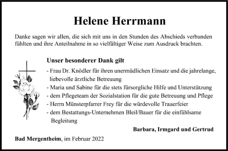  Traueranzeige für Helene Herrmann vom 25.02.2022 aus Fränkische Nachrichten