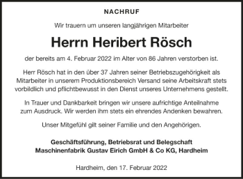 Traueranzeige von Heribert Rösch von Fränkische Nachrichten