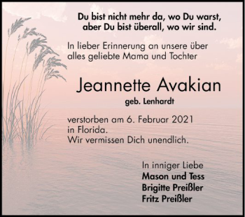 Traueranzeige von Jeannette Avakian von Mannheimer Morgen