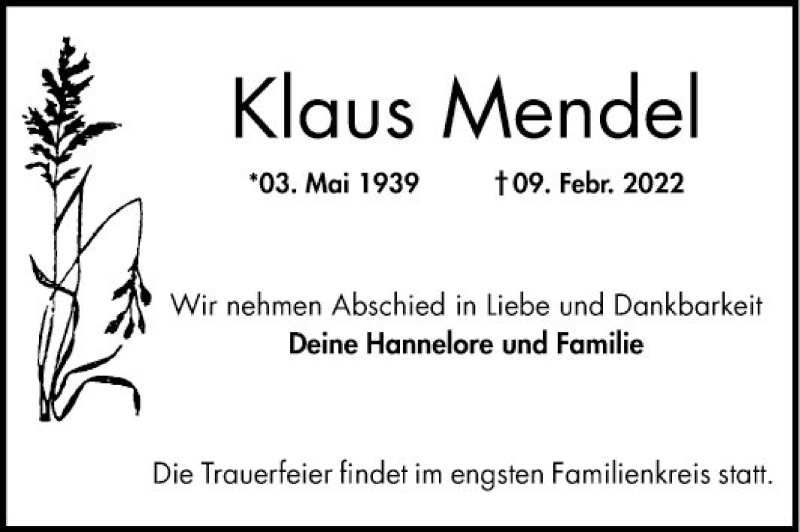  Traueranzeige für Klaus Mendel vom 19.02.2022 aus Mannheimer Morgen