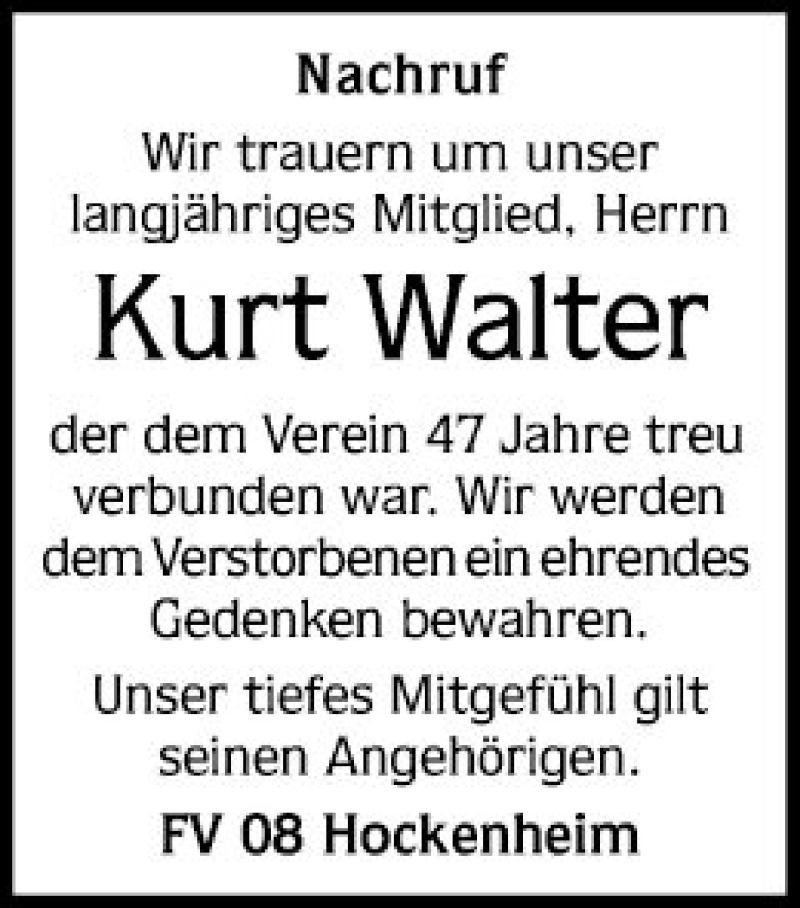  Traueranzeige für Kurt Walter vom 12.02.2022 aus Schwetzinger Zeitung