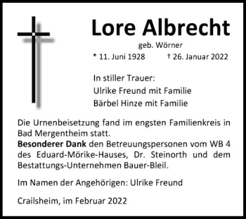 Traueranzeige von Lore Albrecht von Fränkische Nachrichten