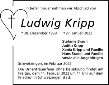 Traueranzeige von Ludwig Kripp von Schwetzinger Zeitung