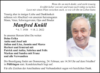 Traueranzeige von Manfred Knüll von Fränkische Nachrichten