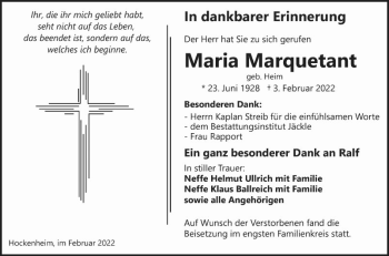 Traueranzeige von Maria Marquetant von Schwetzinger Zeitung