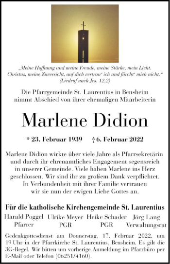 Traueranzeige von Marlene Didion von Bergsträßer Anzeiger
