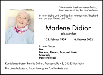 Traueranzeige von Marlene Didion von Bergsträßer Anzeiger