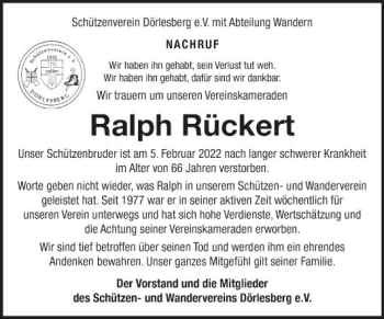Traueranzeige von Ralph Rückert von Fränkische Nachrichten