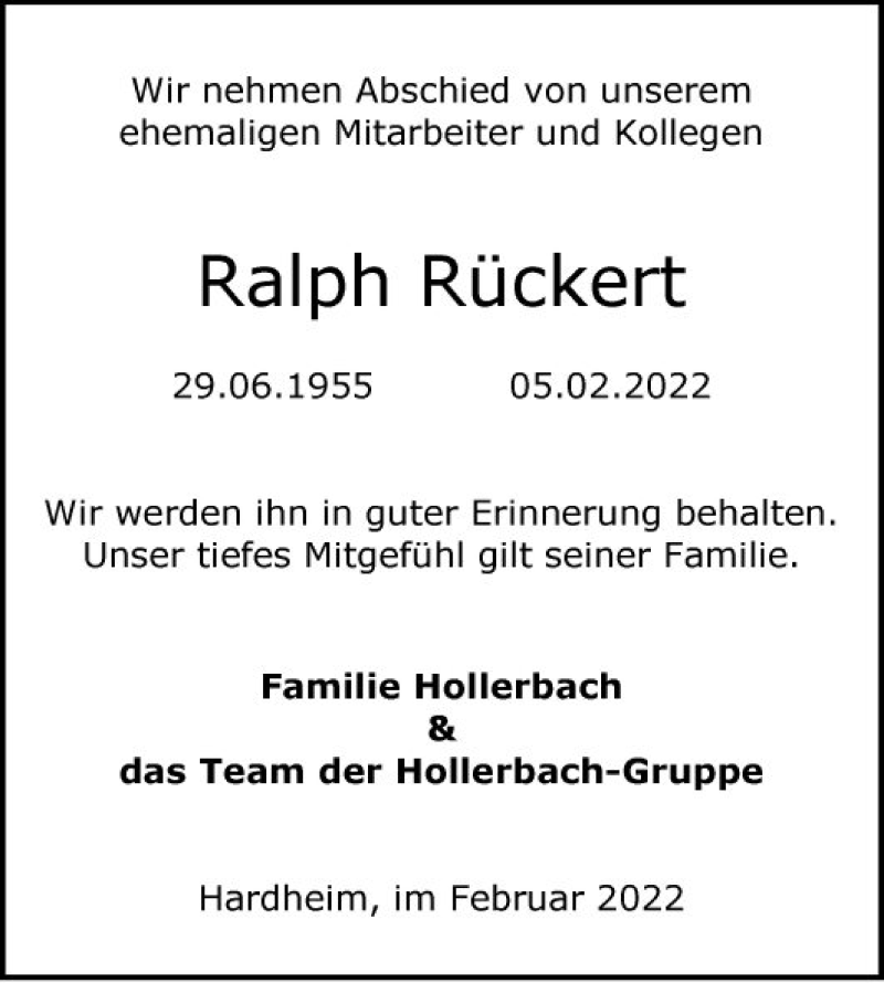  Traueranzeige für Ralph Rückert vom 12.02.2022 aus Fränkische Nachrichten