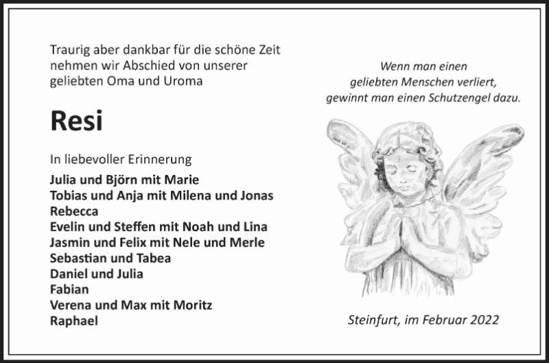  Traueranzeige für Resi  vom 04.02.2022 aus Fränkische Nachrichten