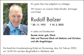 Traueranzeige von Rudolf Balzer von Fränkische Nachrichten