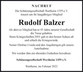 Traueranzeige von Rudolf Balzer von Fränkische Nachrichten