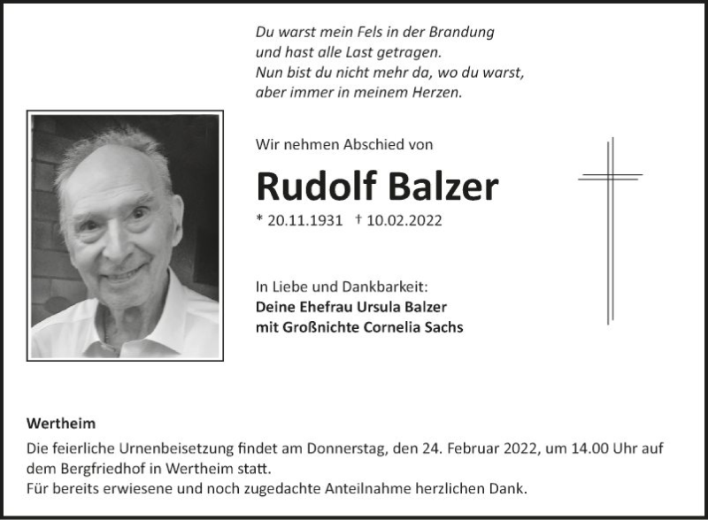  Traueranzeige für Rudolf Balzer vom 19.02.2022 aus Fränkische Nachrichten