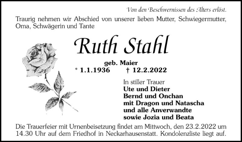  Traueranzeige für Ruth Stahl vom 19.02.2022 aus Mannheimer Morgen