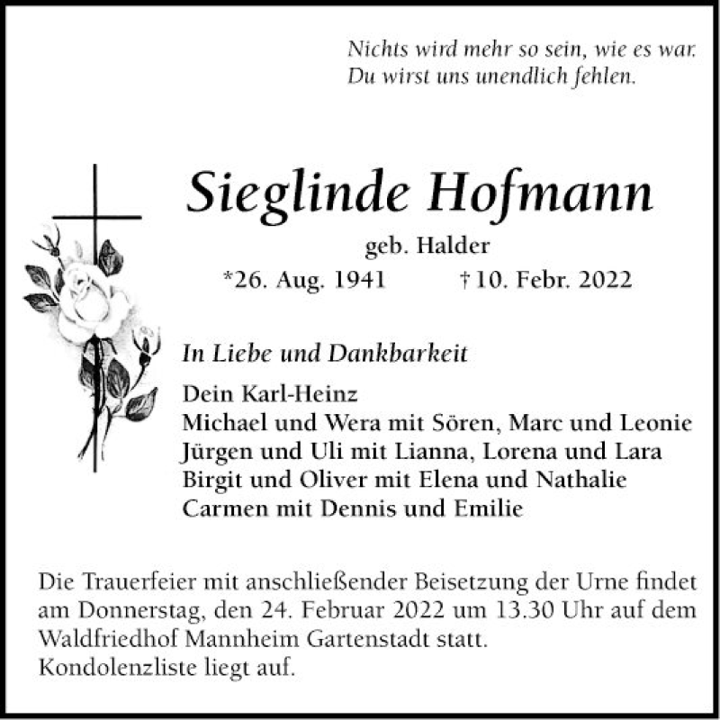  Traueranzeige für Sieglinde Hofmann vom 19.02.2022 aus Mannheimer Morgen