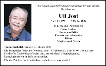 Traueranzeige von Uli Jost von Fränkische Nachrichten