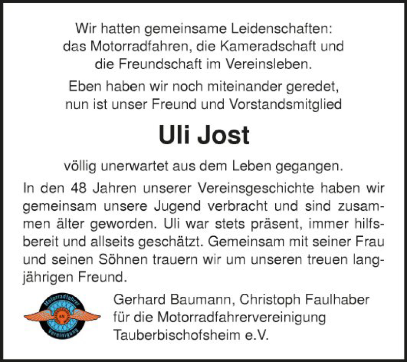  Traueranzeige für Uli Jost vom 09.02.2022 aus Fränkische Nachrichten