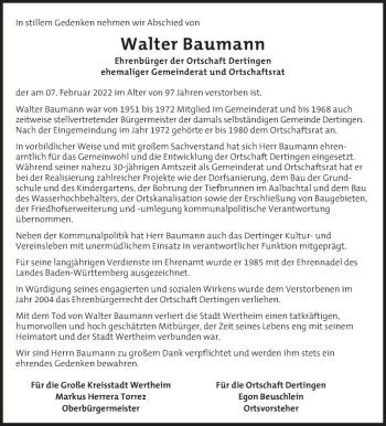 Traueranzeige von Walter Baumann von Fränkische Nachrichten