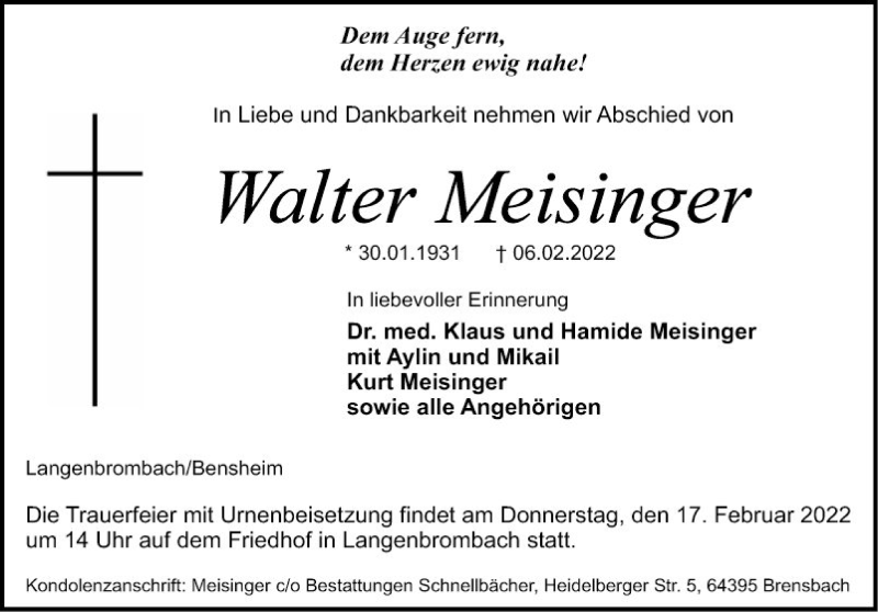  Traueranzeige für Walter Meisinger vom 12.02.2022 aus Bergsträßer Anzeiger
