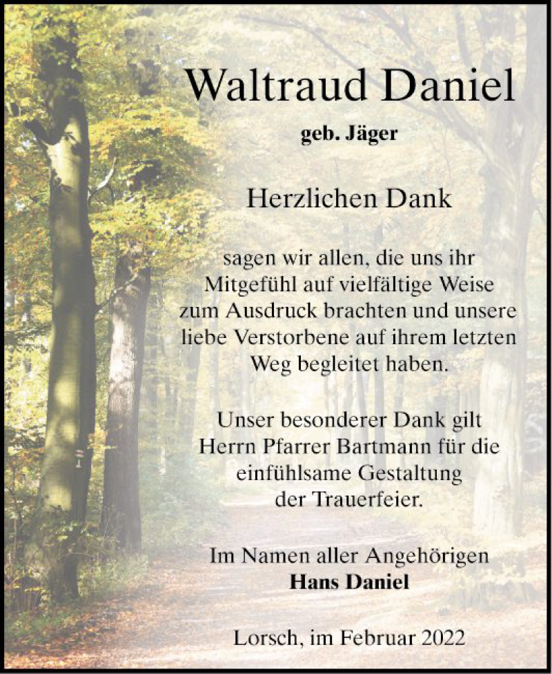  Traueranzeige für Waltraud Daniel vom 19.02.2022 aus Bergsträßer Anzeiger