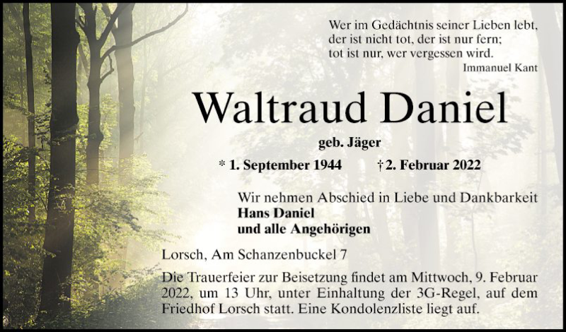 Traueranzeige für Waltraud Daniel vom 05.02.2022 aus Bergsträßer Anzeiger