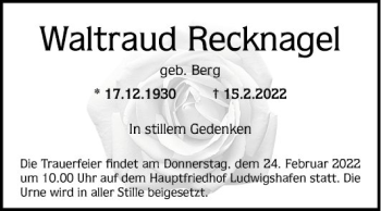 Traueranzeige von Waltraud Recknagel von Mannheimer Morgen