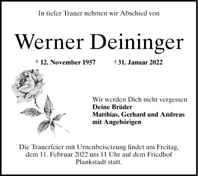  Traueranzeige für Werner Deininger vom 05.02.2022 aus Schwetzinger Zeitung