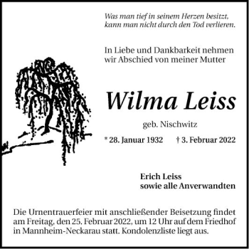 Traueranzeige von Wilma Leiss von Mannheimer Morgen