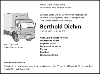 Traueranzeige von Berthold Diehm von Fränkische Nachrichten
