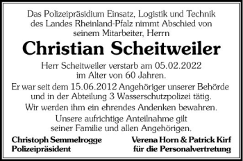 Traueranzeige von Christian Scheitweiler von Mannheimer Morgen