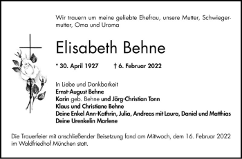 Traueranzeige von Elisabeth Behne von Bergsträßer Anzeiger
