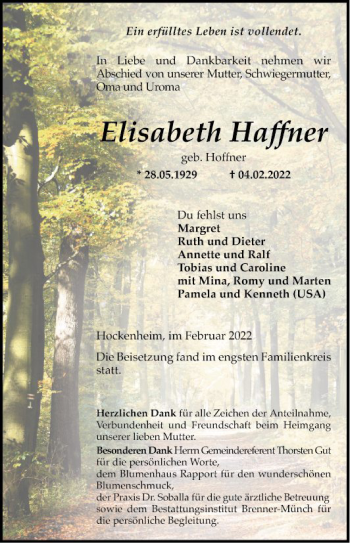 Traueranzeige von Elisabeth Haffner von Schwetzinger Zeitung
