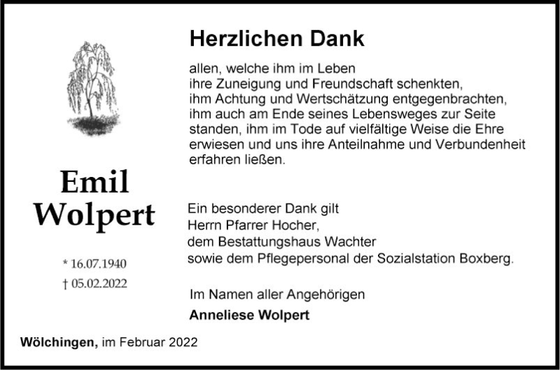  Traueranzeige für Emil Wolpert vom 16.03.2022 aus Fränkische Nachrichten