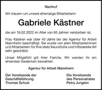 Traueranzeige von Gabriele Kästner von Mannheimer Morgen