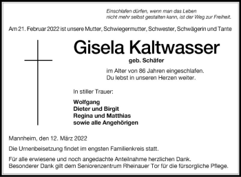 Traueranzeige von Gisela Kaltwasser von Mannheimer Morgen
