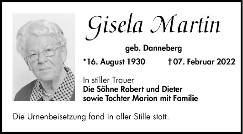  Traueranzeige für Gisela Martin vom 05.03.2022 aus Mannheimer Morgen