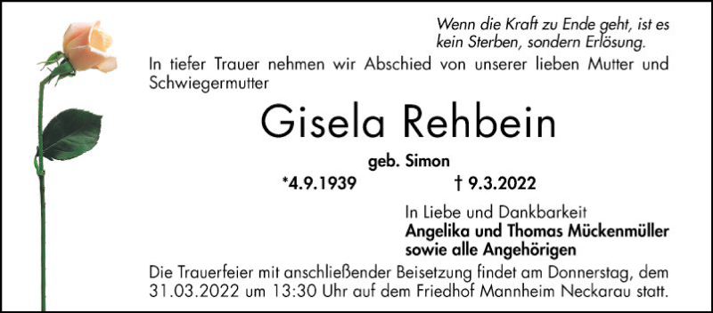  Traueranzeige für Gisela Rehbein vom 26.03.2022 aus Mannheimer Morgen