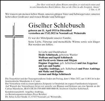 Traueranzeige von Giselher Schlebusch von Mannheimer Morgen