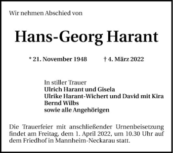 Traueranzeige von Hans-Georg Harant von Mannheimer Morgen