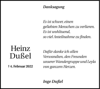 Traueranzeige von Heinz Dußel von Mannheimer Morgen