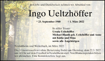 Traueranzeige von Ingo Ueltzhöffer von Schwetzinger Zeitung