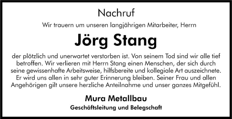  Traueranzeige für Jörg Stang vom 05.03.2022 aus Mannheimer Morgen