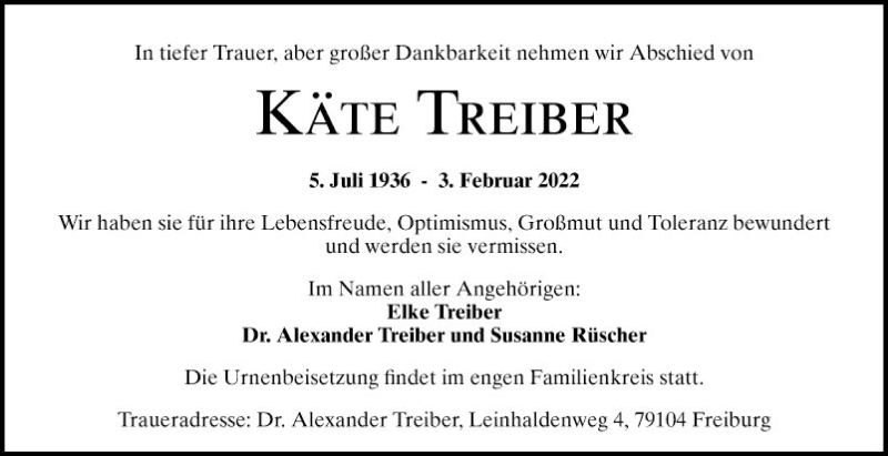  Traueranzeige für Käte Treiber vom 11.03.2022 aus Schwetzinger Zeitung