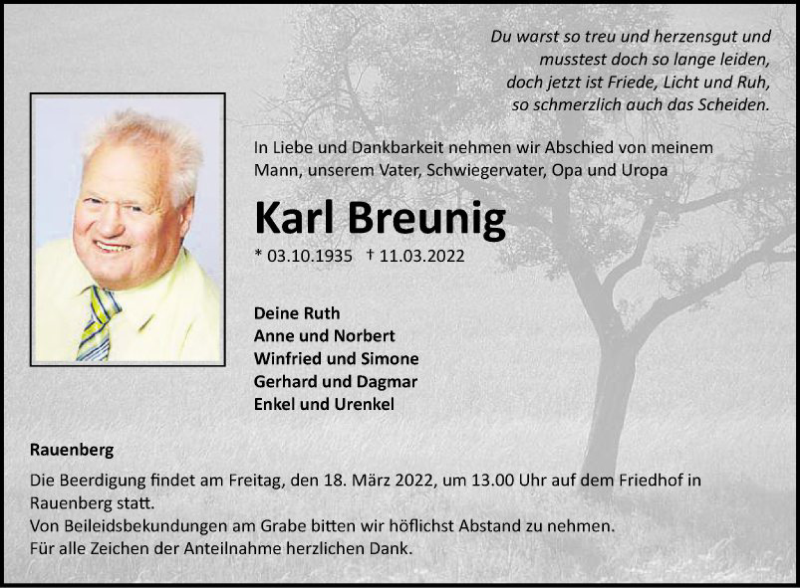  Traueranzeige für Karl Breunig vom 16.03.2022 aus Fränkische Nachrichten
