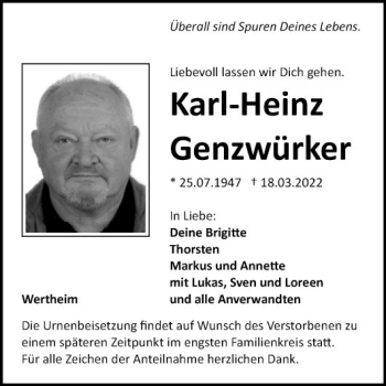 Traueranzeige von Karl-Heinz Genzwürker von Fränkische Nachrichten