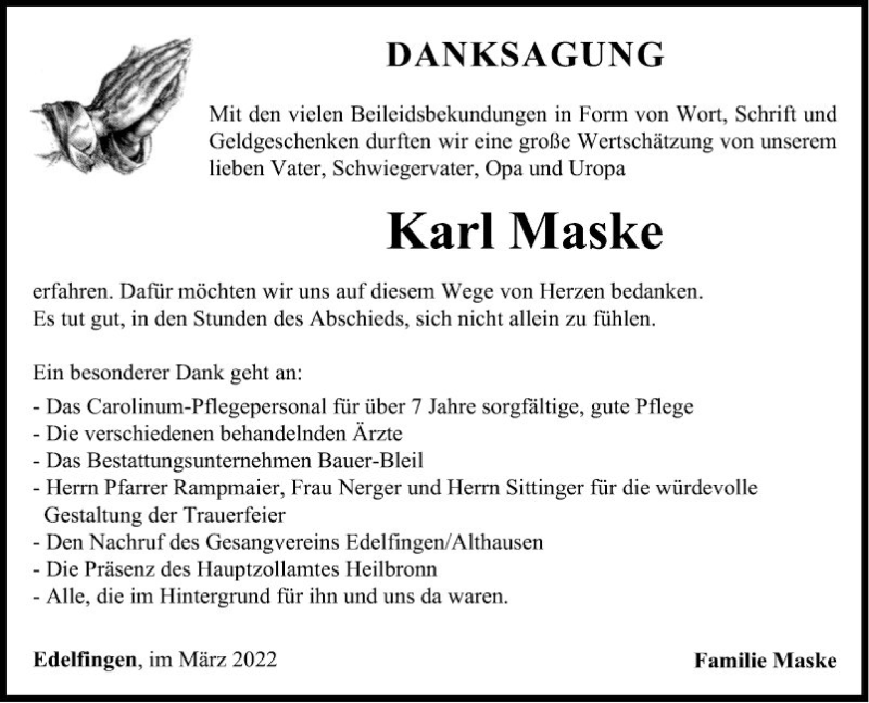  Traueranzeige für Karl Maske vom 26.03.2022 aus Fränkische Nachrichten
