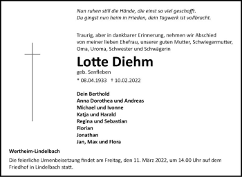 Traueranzeige von Lotte Diehm von Fränkische Nachrichten