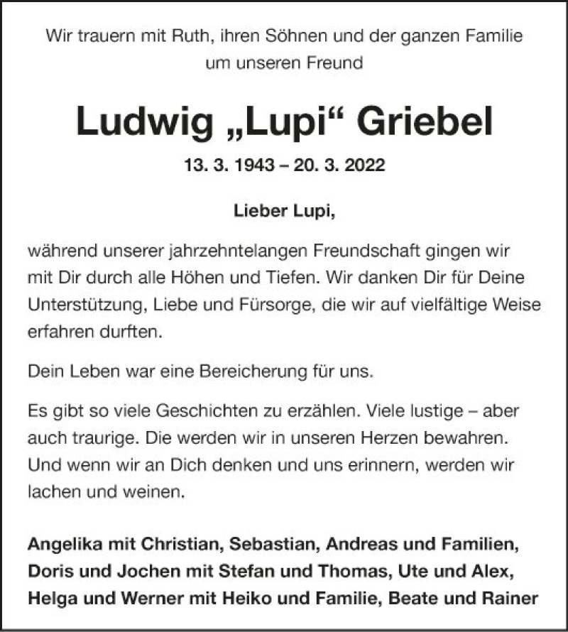  Traueranzeige für Ludwig Griebe vom 26.03.2022 aus Fränkische Nachrichten