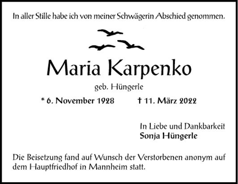  Traueranzeige für Maria Karpenko vom 19.03.2022 aus Mannheimer Morgen