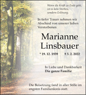 Traueranzeige von Marianne Linsbauer von Fränkische Nachrichten